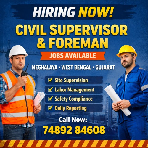 Civil Supervisor and Foreman Jobs in Meghalaya, West Bengal & Gujarat | Tiara infrastructure Call- 74892 84608